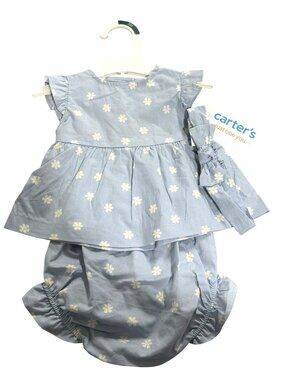 Carters 3-Piece Blue Daisy Outfit Headband Dress And Bloomers Size 3M Baby Girls